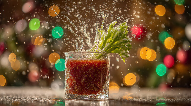 A cocktail glass filled with a red drink splashes as it is set down, surrounded by vibrant, colorful lights from a festive setting, creating a lively atmosphere.