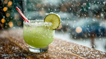A vibrant cocktail with a green hue features a lime slice and a candy cane as garnish. It rests on a snowy surface surrounded by twinkling holiday lights, creating a festive atmosphere.