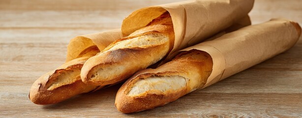 The Baguettes on a Rustic Wooden Table Wrapped in Paper Bags