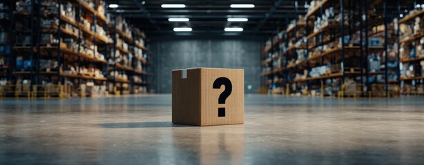 The Box with a Question Mark Symbol in an Empty Industrial Warehouse