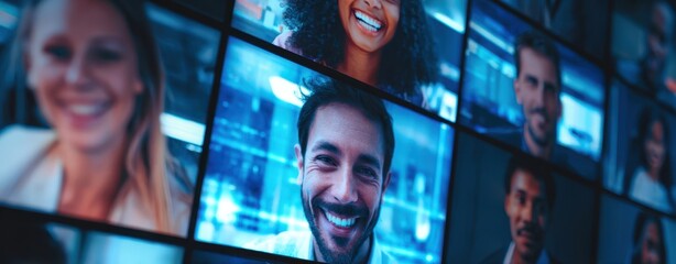 The video conference wall showing diverse smiling remote team members on screens