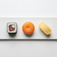 A modern artistic sushi arrangement using geometric shapes to create an elegant minimalist Japanese aesthetic. Captured in clean studio lighting with hyper-realistic detail, ideal for branding, packag