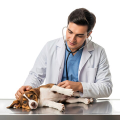 Caring veterinarian performs a gentle examination on a cute puppy with a stethoscope