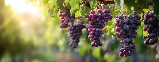 The grapes hanging on a sunlit vineyard vine at golden hour