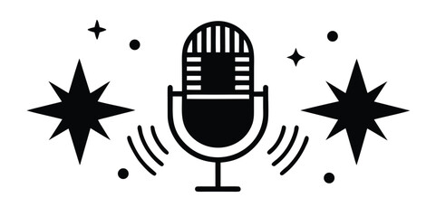 Retro microphone with sound waves and stars on a clean background, ideal for audio content