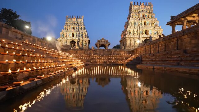 Spectacular Arudra Darshan Celebration Illuminated Temple Reflections in Tranquil Waters at Dusk, Tamil Nadu, India