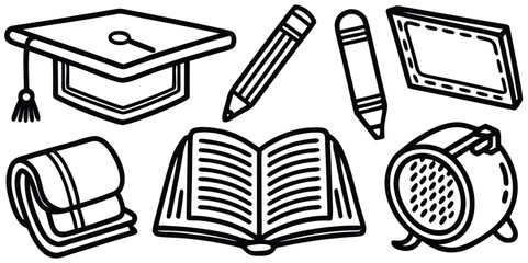 Education and media line art: graduation cap, open book, pencils, papers, frame, spotlight