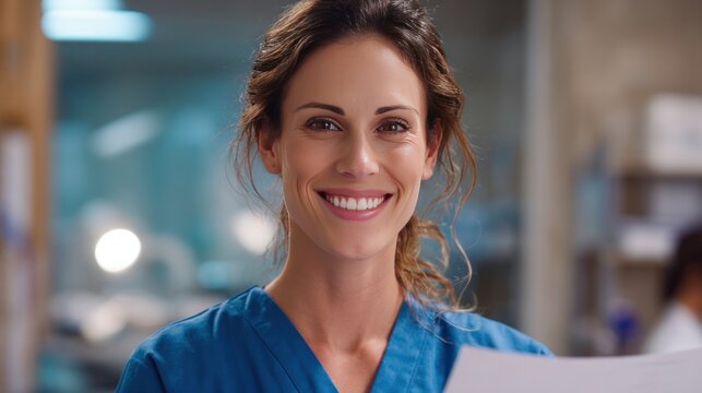 Dedicated Healthcare: A compassionate and skilled medical professional radiates confidence and approachability, her warm smile illuminating a modern healthcare environment. 