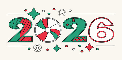 New year 2026 festive vector illustration with decorative numbers, stars and candy wheel