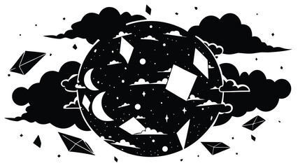 Mystical celestial sphere with stars, moons, clouds, and abstract geometric shapes.