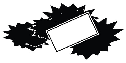 Abstract black starburst shapes with white rectangular frame on clean background
