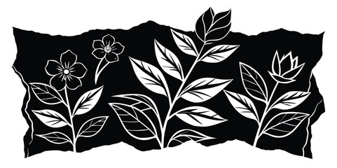 Stylized white botanical illustration of flowers and leaves on torn black background artwork