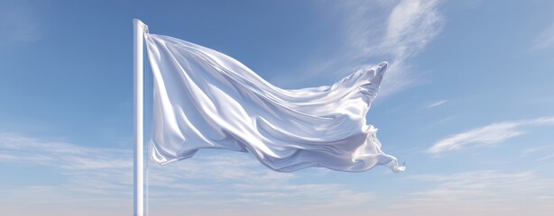 The white flag waving gracefully against a clear blue sky at sunrise