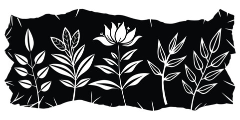 Stylized graphic black and white botanical illustration with varied plant forms and flower.