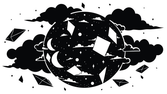 Mystical celestial sphere with stars, moons, clouds, and abstract geometric shapes.