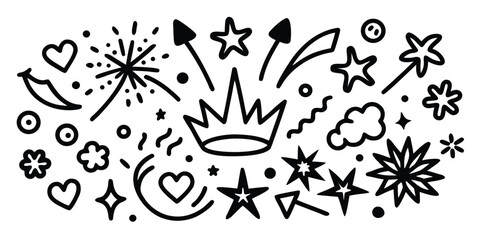 Hand drawn doodle elements set: crown, stars, hearts, fireworks, arrows for celebration design