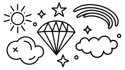 Whimsical sun, clouds, stars, diamond, and rainbow vector outline illustration doodle set
