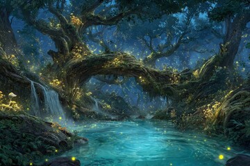 Enchanted Forest At Night With Glowing Water And Trees