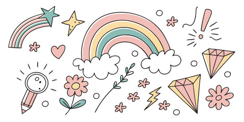 Hand-drawn whimsical pastel doodle set with rainbow, stars, diamonds, flowers, and heart elements.