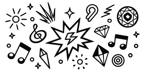 Hand-drawn doodle set with musical notes, star, sun, lightning, and diamond elements