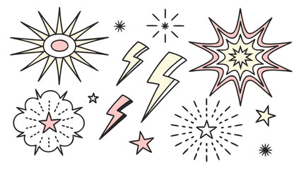 Abstract vector set of hand-drawn burst, lightning, and star shapes on white background.