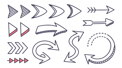 Diverse hand drawn arrow set doodle design, sketch line art vector pointers collection guide
