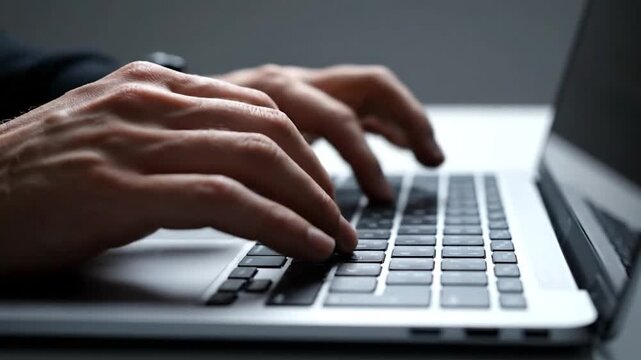 Hands typing on laptop keyboard, focus on keys, neutral lighting, close-up