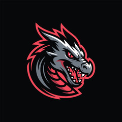 Aggressive Dragon Head Mascot or Esport Logo, Furious Dragon with Red Eyes on Black Background, Vector Illustration of a Grey and Red Mythical Monster