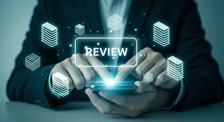 A businessman interacts with a digital interface, symbolizing data analysis and business evaluation using modern technology.