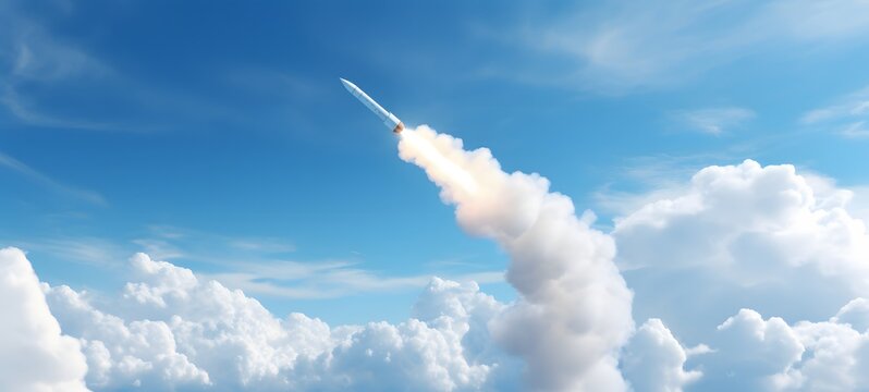 3d render of a white missile coming out from a cloud on a light blue background,generative AI - Powered by Adobe