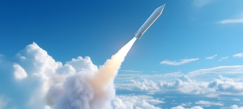 3d render of a white missile coming out from a cloud on a light blue background,generative AI