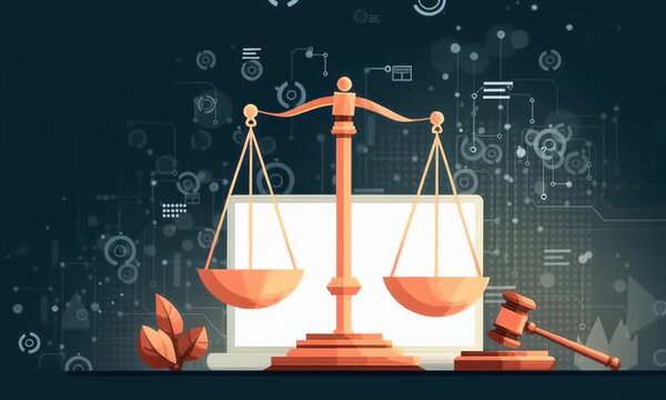 Digital legal concept, with the scales of justice balanced in front of a computer