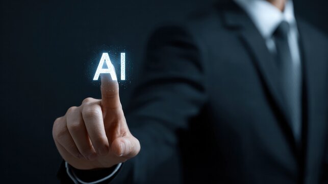 AI Interaction: A professional, suited individual points toward an illuminated AI, symbolizing the intersection of human intellect and artificial intelligence.