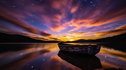 Experience the serene beauty of a starlit night with calm waters reflecting the vibrant sunset and rustic boat for peaceful nature scenes