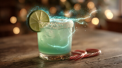 A vibrant blue cocktail sits on a rustic wooden table, surrounded by holiday lights. A lime wedge decorates the glass, and two candy canes add a festive touch to the scene.