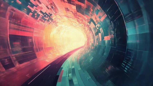 Abstract digital tunnel with glowing light at end