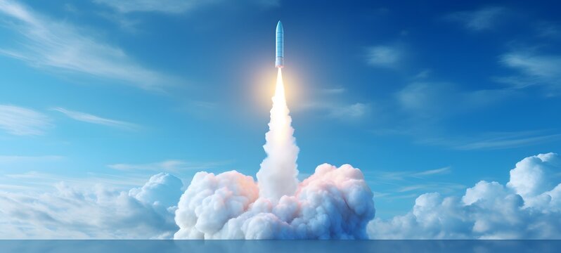 3d render of a white missile coming out from a cloud on a light blue background,generative AI