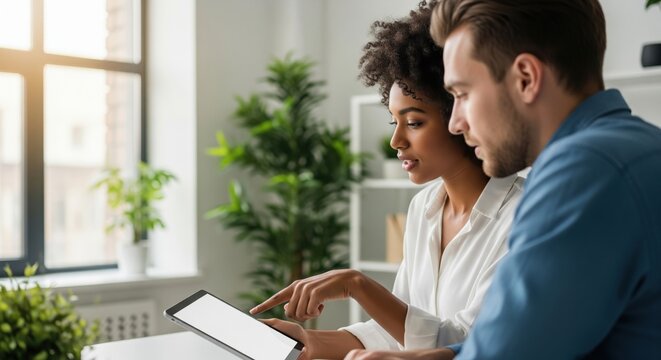 Diverse business colleagues discussing project on digital tablet in office