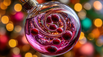 A close-up view shows red berries creating bubbles as they splash into a clear liquid, set against a bright, colorful backdrop, capturing the essence of artistic food photography.