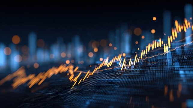 Digital Dynamics: An abstract image depicting the fluctuating nature of the financial market, with a vibrant orange line graph weaving through a digitized cityscape.