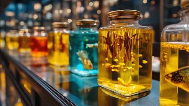 A dreamlike scientific atmosphere is created by the presentation of preserved marine specimens in glass jars filled with yellow fluid.  Anatomical features and the setting for research collections are
