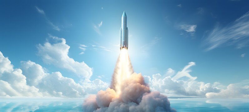 3d render of a white missile coming out from a cloud on a light blue background,generative AI - Powered by Adobe