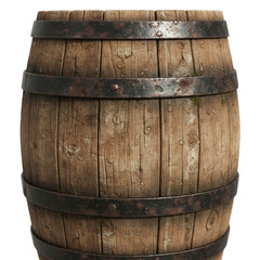Antique wooden barrel with rusted metal bands and moss accents isolated on a clean white background with a transparent background