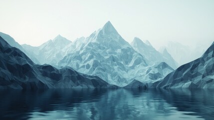 Abstract Low Poly Mountains Reflected in Serene Blue Water - Geometric Digital Art Landscape with Icy Peaks and Tranquil Lake
