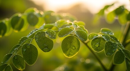 Macro close-up of vibrant green moringa leaves glistening with morning dew under a soft golden sunrise, showcasing delicate details and fresh natural beauty