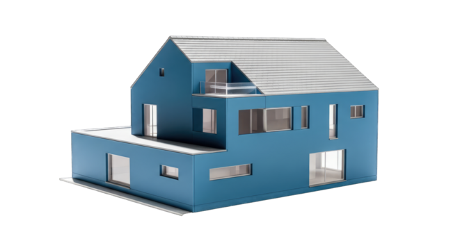 Architectural Model of a Modern Blue Two Story House with White Accents and Transparent Background