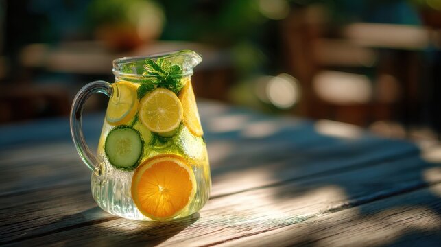 Glass pitcher with sliced lemon orange cucumber and mint infused water on a sunny garden table ideal for healthy lifestyle blogs summer menus and refreshment ads