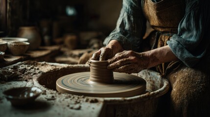 Hands shaping wet clay on a rotating pottery wheel in a rustic workshop with soft warm light ideal for craft visuals creative tutorials and handmade product themes