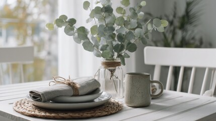 Bright dining table decorated with eucalyptus branches ceramic dishes and linen napkins in soft daylight ideal for home decor visuals lifestyle blogs and cozy interior themes