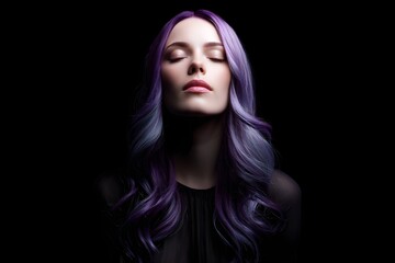Woman with wavy, bleached, liquid purple roots. The face is calm and symmetrical, illuminated with cinematic precision against a pitch black background with the image evoking beauty and elegance